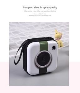Compact square camera-shaped coin purse and cable organizer with green stripes and lanyard