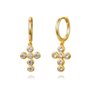 Cross Dangle Hoop Earrings With Cubic Zirconia Brass And 925 Sterling Silver Earring Post Minimalist Luxury For Women