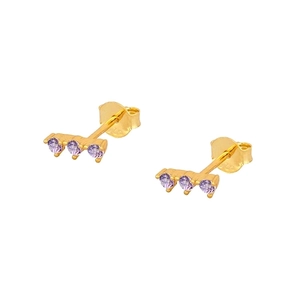 Detail shot of golden stud earrings featuring three purple zircons in a horizontal row