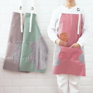 Striped Kitchen Apron Waterproof Oil Proof Oxford Cloth With Coral Fleece Hand Wiping Towels Adjustable Strap Pocket
