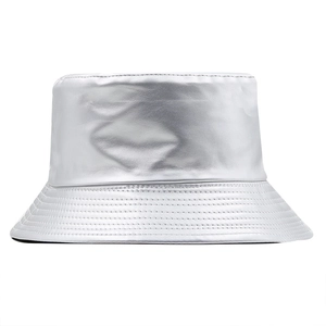 Metallic silver faux leather bucket hat with reflective finish and stitch brim detail