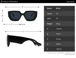 Detailed size specifications for PC oversized sunglasses showing frame and lens dimensions