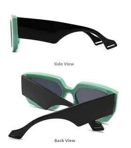 Detailed side and back views of mint green wide frame sunglasses with thick black temples