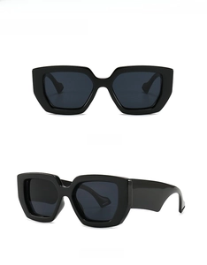 Front and 45-degree side views of black oversized square sunglasses with dark lenses
