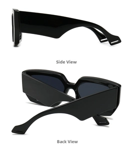 Detail view of retro rectangle sunglasses featuring wide temples in glossy black finish
