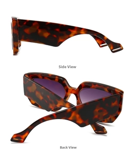 Detail view showing the side and back of tortoiseshell sunglasses with purple gradient lenses