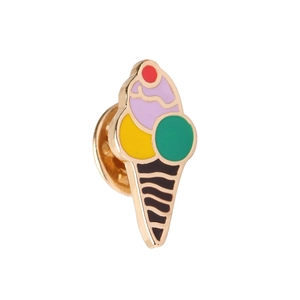 Detailed view of a colorful enamel ice cream cone brooch with a gold metal finish