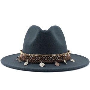 Dark grey wide brim fedora hat with ethnic woven band and metal coin charms