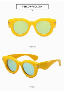 Front and 45-degree angle view of yellow sunglasses with gold rice nail accents