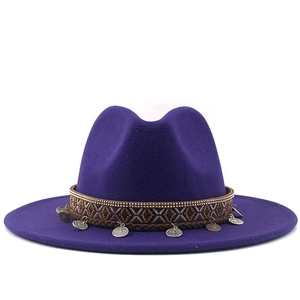 Purple wool fedora hat with ethnic woven band and silver metal coin leaf pendants