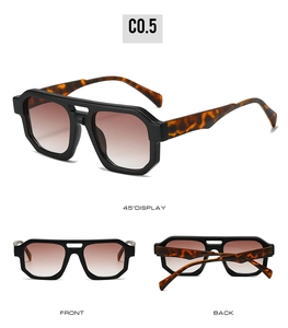 Three-way view of irregular double bridge sunglasses with tortoise temples and gradient lenses