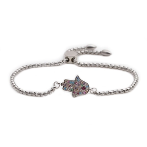 Bracelet ajustable en acier inoxydable avec main de Fatma et pierres de zircon colorées
