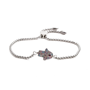 Bracelet main de Fatma argenté ajustable avec zircons colorés sur chaîne vénitienne