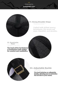 Detail of sewing craft, breathable mesh fabric and adjustable metal buckle on black cap