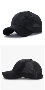 Side views of black camouflage baseball cap featuring breathable mesh back and canvas front