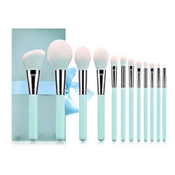 Macro detail of 13 mint green makeup brushes with pink tips and matching storage pouch