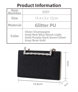 Detailed size chart and view of black glitter evening clutch bag with crystal handle