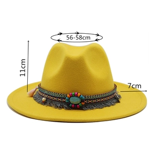 Close-up of bohemian fedora featuring colorful beads, grey fringe and turquoise stone
