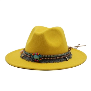 Yellow wool fedora hat with ethnic bohemian band, tassels and turquoise decoration