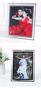 Detail of minimalist crystal glass frame with mirrored and black border options in a lifestyle setup