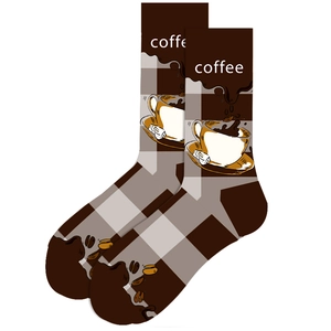 Detail of coffee themed crew socks featuring knit patterns of coffee cups and beans
