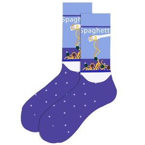 Detail of blue mid-calf socks featuring creative spaghetti prints and fork patterns