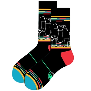 Detail of black crew socks with colorful cocktail patterns and blue contrast toe