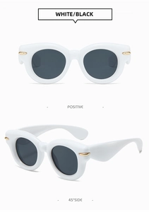 Detailed front and 45-degree views of thick white frame sunglasses with gold accents
