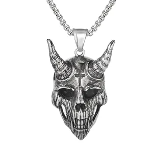 Collier Pendentif Crâne Cornu Gothique Acier Titane Rétro Démon Croix Biker Punk Bijoux Pour Hommes Avec Chaîne Box