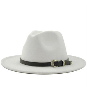 Classic white wool fedora with a black leather band and textured gold metal buckle