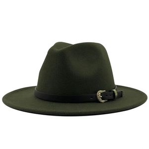 Close-up of olive green fedora wool hat featuring black leather band and metal buckle