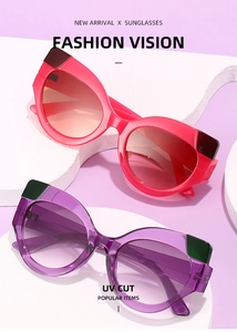 Detailansicht der modischen Katzenaugen-Sonnenbrille mit farbigen Rahmen und Gläsern