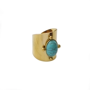 Retro 18K gold plated wide band ring featuring an oval turquoise stone center