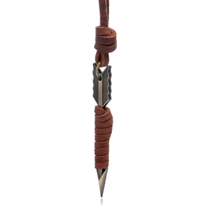 Close-up of brown leather cord necklace with vintage bronze arrow pendant detail