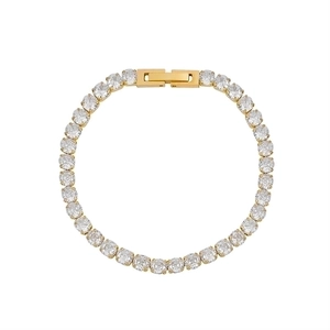 Classic gold plated tennis bracelet with full round cut pavé crystals on white background