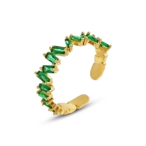 Adjustable gold plated ring with emerald green stones in a wavy serrated setting