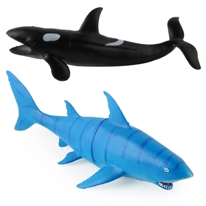 Five piece marine animal model set featuring realistic orca and blue shark figurines