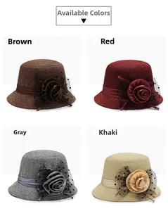 Detail view of four elegant cloche hats in brown, red, gray and khaki with floral net