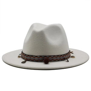 White wool felt wide brim fedora hat with bohemian ethnic woven band and shell charms