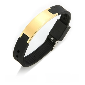 Close-up of black silicone wristband with gold metal plate and engraved Power text