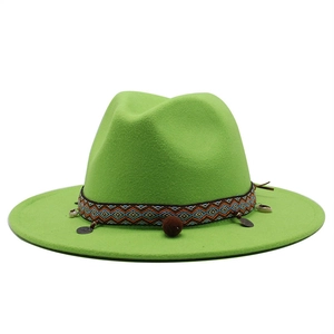 Flat brim wool felt fedora in bright green with ethnic pattern band and beaded tassels