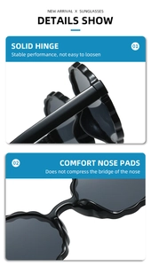 Detail of round wavy sunglasses showing solid metal hinges and comfortable nose pads