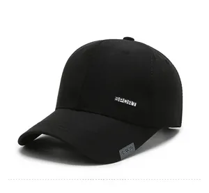 Detail of a black cotton baseball cap showing side profile with SPORT and CAP text embroidery