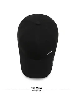 Top view of a black cotton baseball cap featuring white Sport embroidery and a 6-panel design