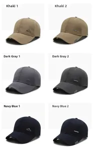 Detail view of cotton baseball caps in khaki, dark grey and navy blue with various embroidery