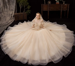 Detail of champagne off-shoulder wedding dress with sequins and shimmering tulle train
