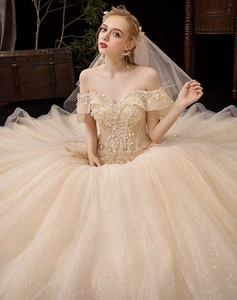Detail of off-shoulder champagne wedding dress with sequin embroidery and lace flowers