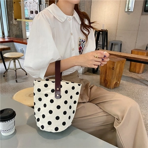 French vintage polka dot canvas bucket bag with brown leather handle for women