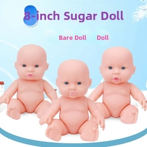 Three 8-inch vinyl baby dolls with blue eyes and realistic faces on blue background