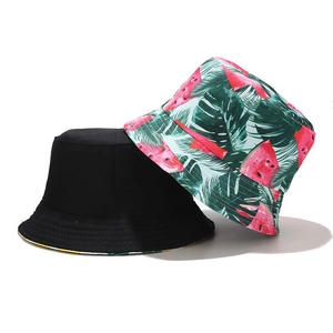 Detail showing high-density cotton black and fruit pattern print bucket hats for sun protection